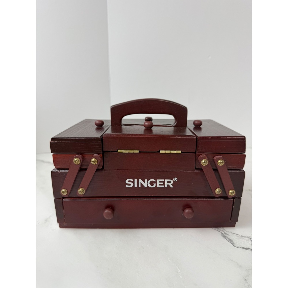 Small Vintage Wooden Accordion Style Singer Sewing Box For Sewing Notions Caddy